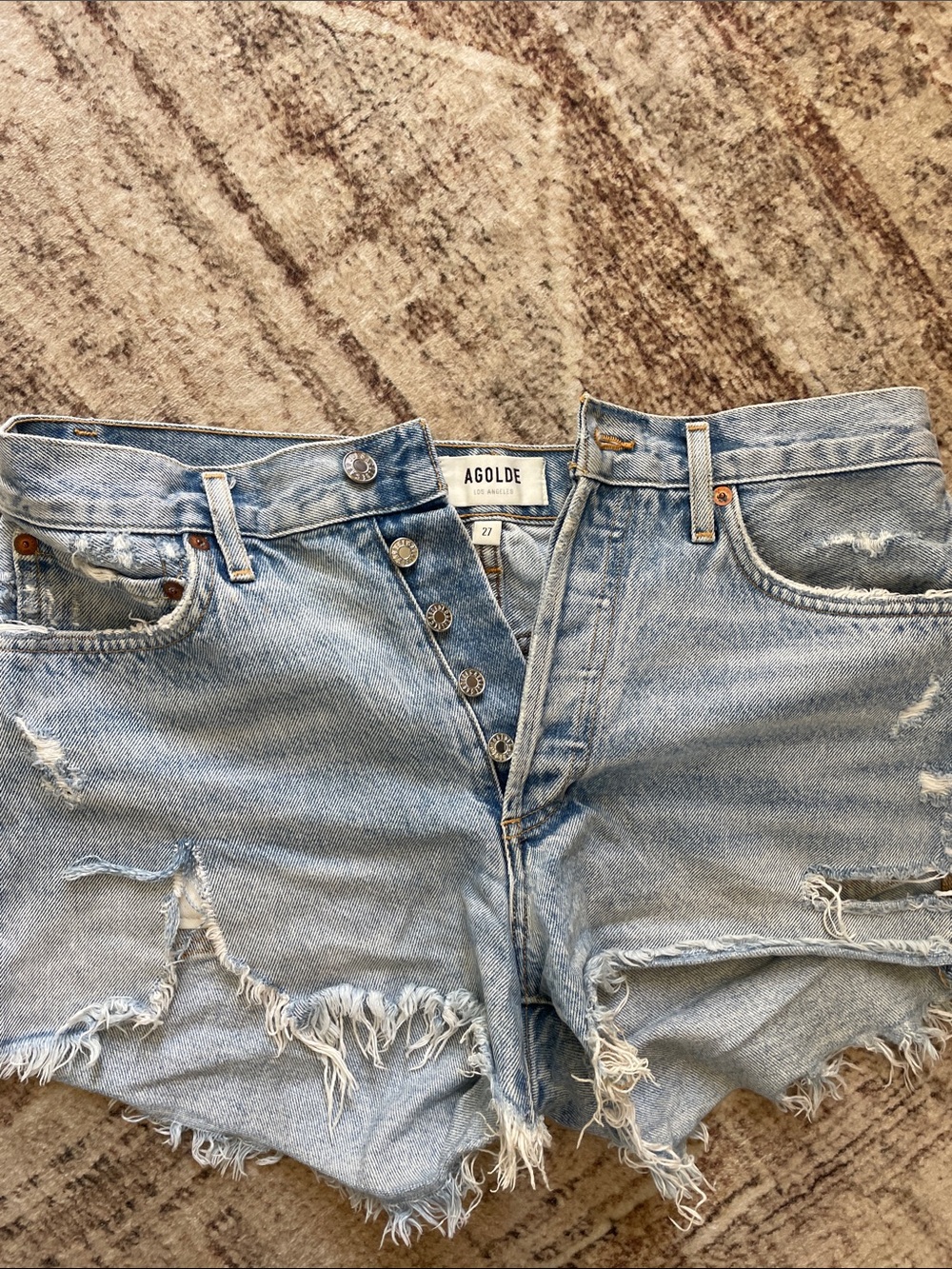 Agolde Light Blue Distressed Denim Cutoff Shorts